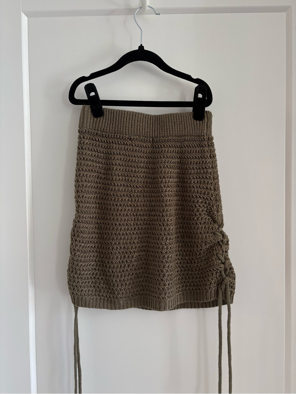 12th Tribe Olive Green Knit Drawstring Side-Tie Mini Skirt